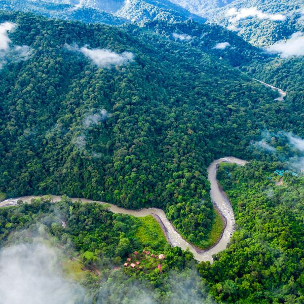 Rivière serpentant dans la forêt tropicale brumeuse, Costa Rica