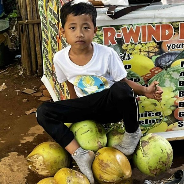Jeune garçon assis sur des noix de coco, Philippines