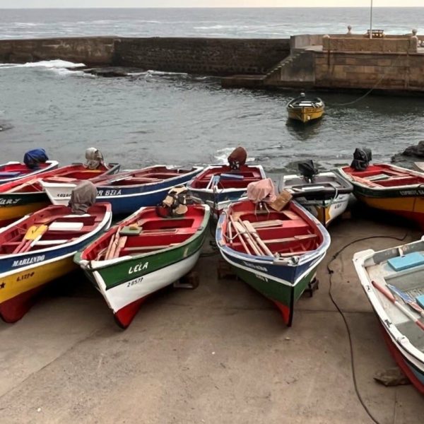 Barques de pêche colorées dans un petit port, Cap-Vert