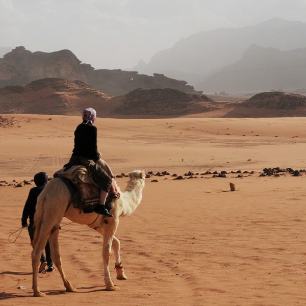 Bédouin à dos de chameau dans le Wadi Rum, Jordanie